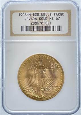 1908 NM $20 Wells Fargo St Gaudens MS67 NGC