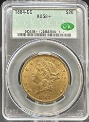 1884-CC $20 Liberty AU58+ CACG