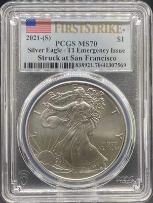 2021-S T1 Silver Eagle MS70 PCGS Emergency Issue First Strike