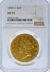1858-O $20 Liberty AU55 NGC