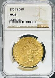 1861-S $20 Liberty MS61 NGC