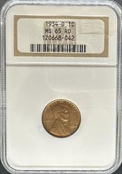 1934-D Lincoln Cent MS65RD NGC