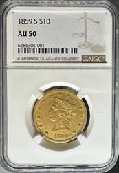 1859-S $10 Liberty AU50 NGC