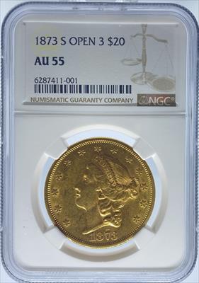1873-S Open 3 $20 Liberty AU55 NGC
