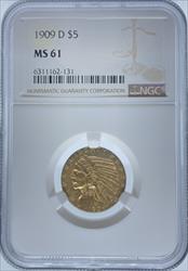 1909-D $5 Indian MS61 NGC
