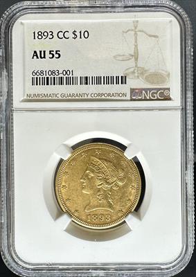 1893-CC $10 Liberty AU55 NGC