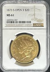 1873-S Open 3 $20 Liberty MS61 NGC