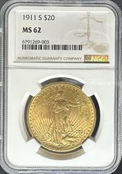 1911-S $20 St Gaudens MS62 NGC
