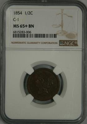 1854 Braided Hair Half Cent MS65+BN NGC
