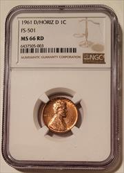 1961 D/Horizontal D Lincoln Memorial Cent RPM FS-501 MS66 RED NGC