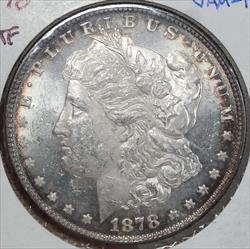 1878 8 Tailfeather Morgan Dollar, Uncirculated, Light P/L, VAM-1