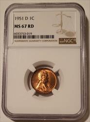 1951 D Lincoln Wheat Cent MS67 RED NGC