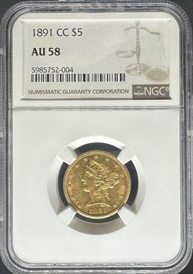 1891-CC $5 Liberty AU58 NGC