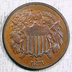 1871 Two Cent Piece, Better Date, Uncirculated