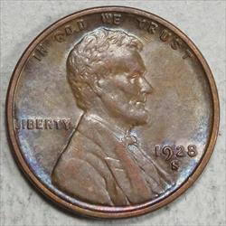 1928-S Lincoln Cent, Large S, Choice Almost Uncirculated, Scarce