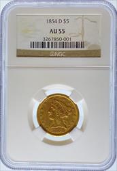 1854-D $5 Liberty Large D AU55 NGC