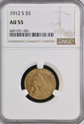 1912-S $5 Indian AU55 NGC
