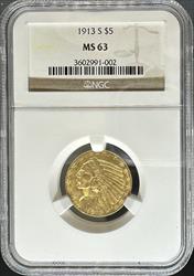 1913-S $5 Indian MS63 NGC
