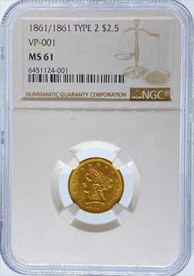 1861/61 T2 $2.5 Liberty MS61 NGC