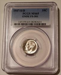 1947 S/D Roosevelt Dime OMM Variety FS-501 MS65 PCGS