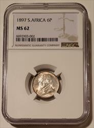 South Africa 1897 Silver 6 Pence MS62 NGC