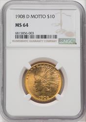 1908-D $10 MOTTO Indian Eagle NGC MS64