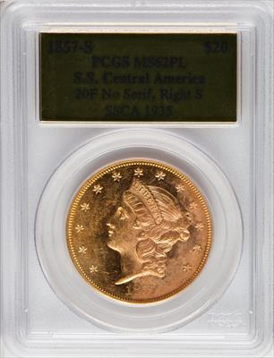1857-S $20 NoSerRt S Gold Foil Liberty Double Eagle PCGS MS62