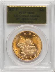1857-S $20 Spike Shld Gold Foil Liberty Double Eagle PCGS MS65