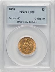 1888 $3 Three Dollar Gold Pieces PCGS AU58