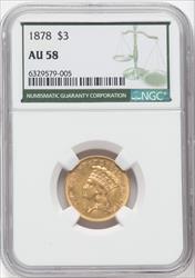 1878 $3 Green Label Three Dollar Gold Pieces NGC AU58