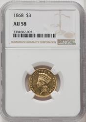 1868 $3 Three Dollar Gold Pieces NGC AU58