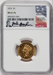 1874 $3 PL Three Dollar Gold Pieces NGC MS61