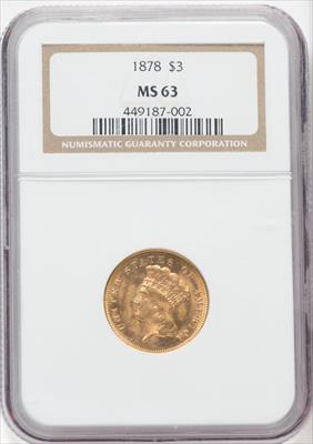 1878 $3 Three Dollar Gold Pieces NGC MS63