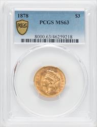 1878 $3 Three Dollar Gold Pieces PCGS MS63