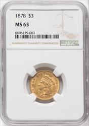 1878 $3 Three Dollar Gold Pieces NGC MS63