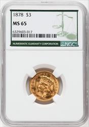 1878 $3 Three Dollar Gold Pieces NGC MS65