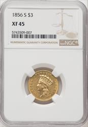 1856-S $3 Three Dollar Gold Pieces NGC XF45