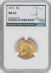 1911 $5 Green Label Indian Half Eagle NGC MS63