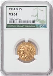 1914-D $5 Green Label Indian Half Eagle NGC MS64