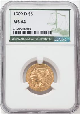 1909-D $5 Green Label Indian Half Eagle NGC MS64