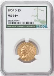 1909-D $5 Green Label Indian Half Eagle NGC MS64+