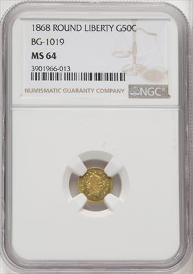 1868 Liberty Round 50 Cents BG-1019 R.5 California Fractional Gold NGC MS64
