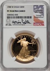 1988-W $50 One-Ounce Gold Eagle Mike Castle Signature NGC PF70