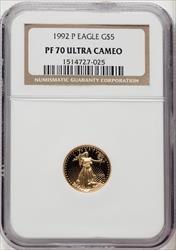 1992-P $5 Tenth-Ounce Gold Eagle Brown Label NGC PF70