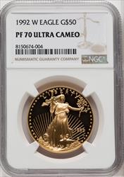 1992-W $50 One-Ounce Gold Eagle Brown Label NGC PF70