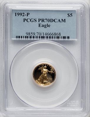 1992-P $5 Tenth-Ounce Gold Eagle Blue Gradient PCGS PR70