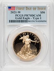 2021-W $50 One Ounce Gold Eagle Type One First Day of Issue FDI Flag PCGS PR70