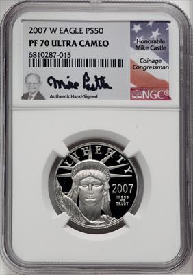 2007-W $50 Half-Ounce Platinum Eagle Statue of Liberty Mike Castle Signature NGC PF70