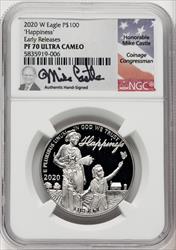 2020-W $100 One Ounce Platinum Eagle Happiness First Strike PRDC ER Mike Castle NGC PF70