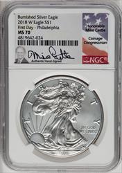 2018-W S$1 Silver Eagle Burnished First Day of Issue Philadelphia NGC MS70